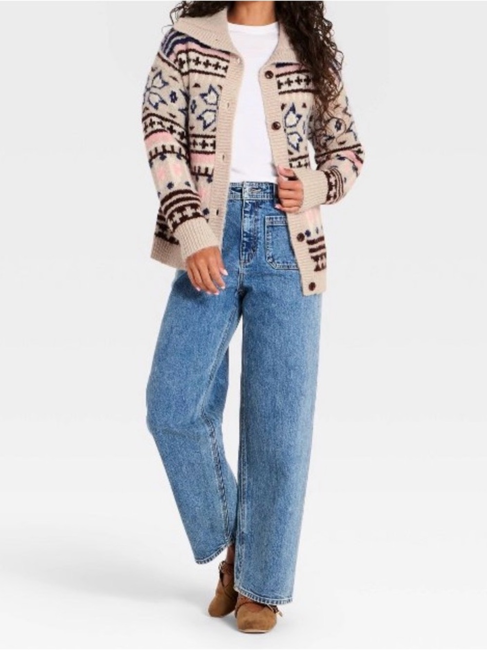 a new day Beige Fair Isle Button-Front Cardigan with Pink & Navy Accents